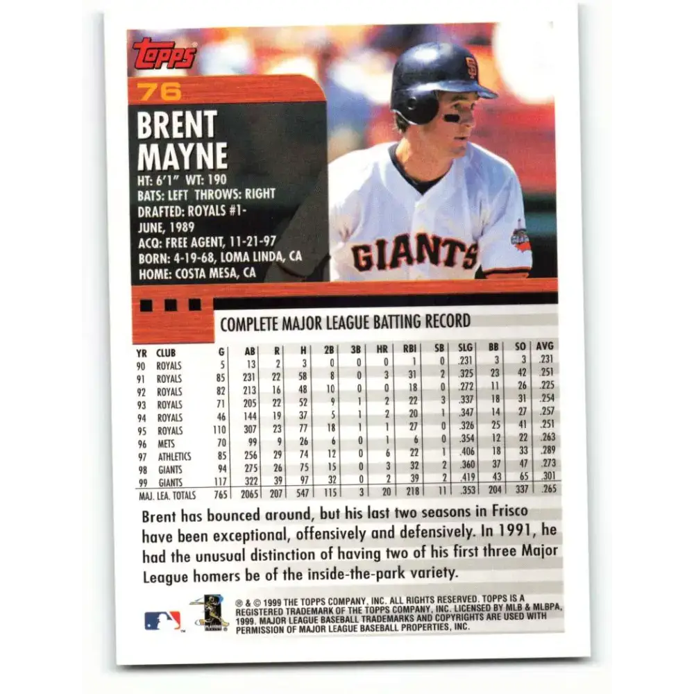2000 Topps #76 Brent Mayne EX Excellent San Francisco Giants Baseball Card - Baseball Card Single