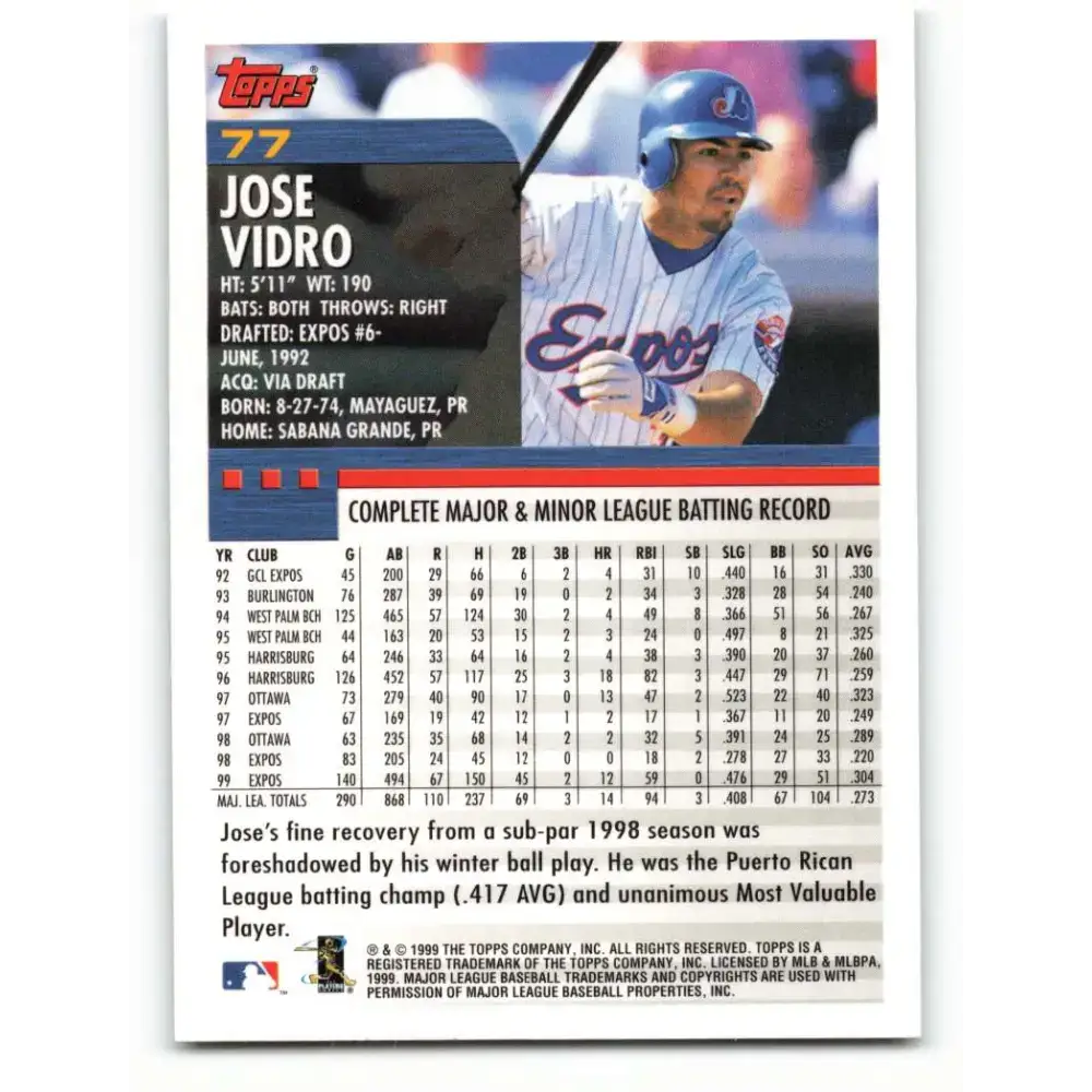 2000 Topps #77 Jose Vidro EX Excellent Montreal Expos Baseball Card - Baseball Card Single