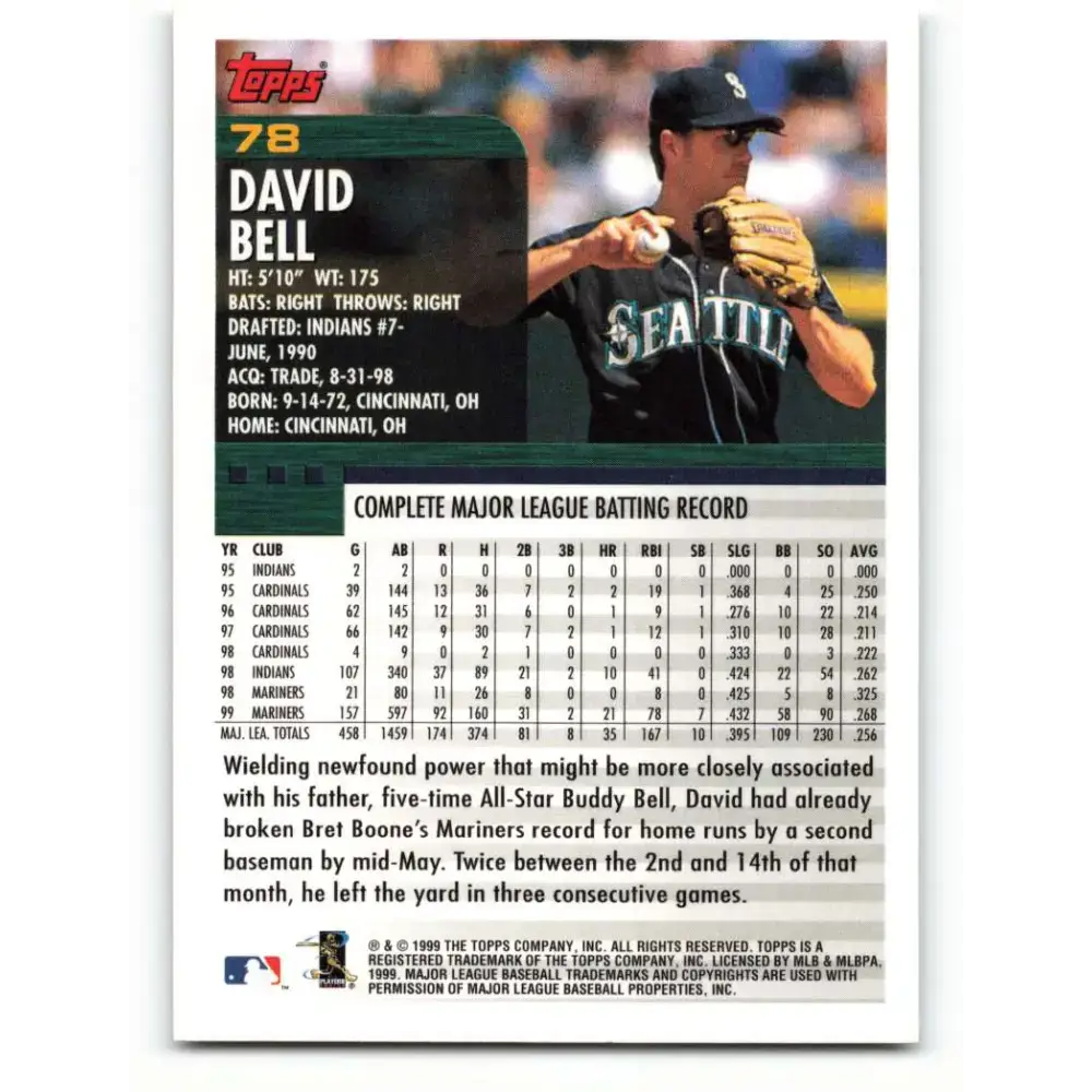 2000 Topps #78 David Bell EX Excellent Seattle Mariners Baseball Card - Baseball Card Single