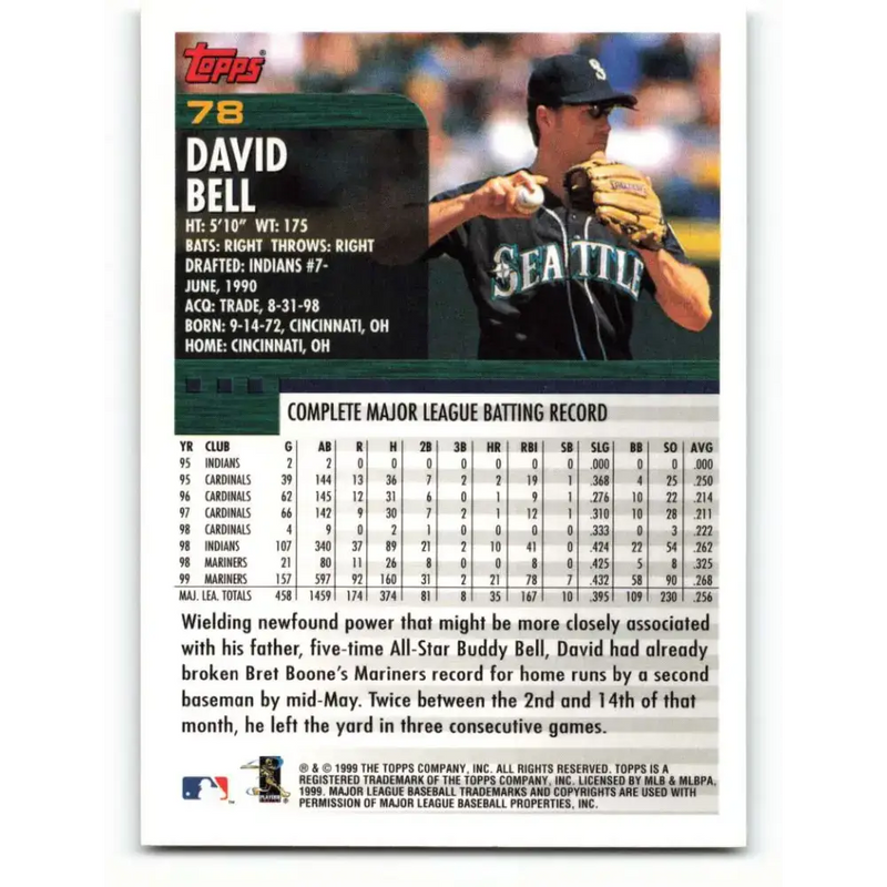 2000 Topps #78 David Bell EX Excellent Seattle Mariners Baseball Card - Baseball Card Single