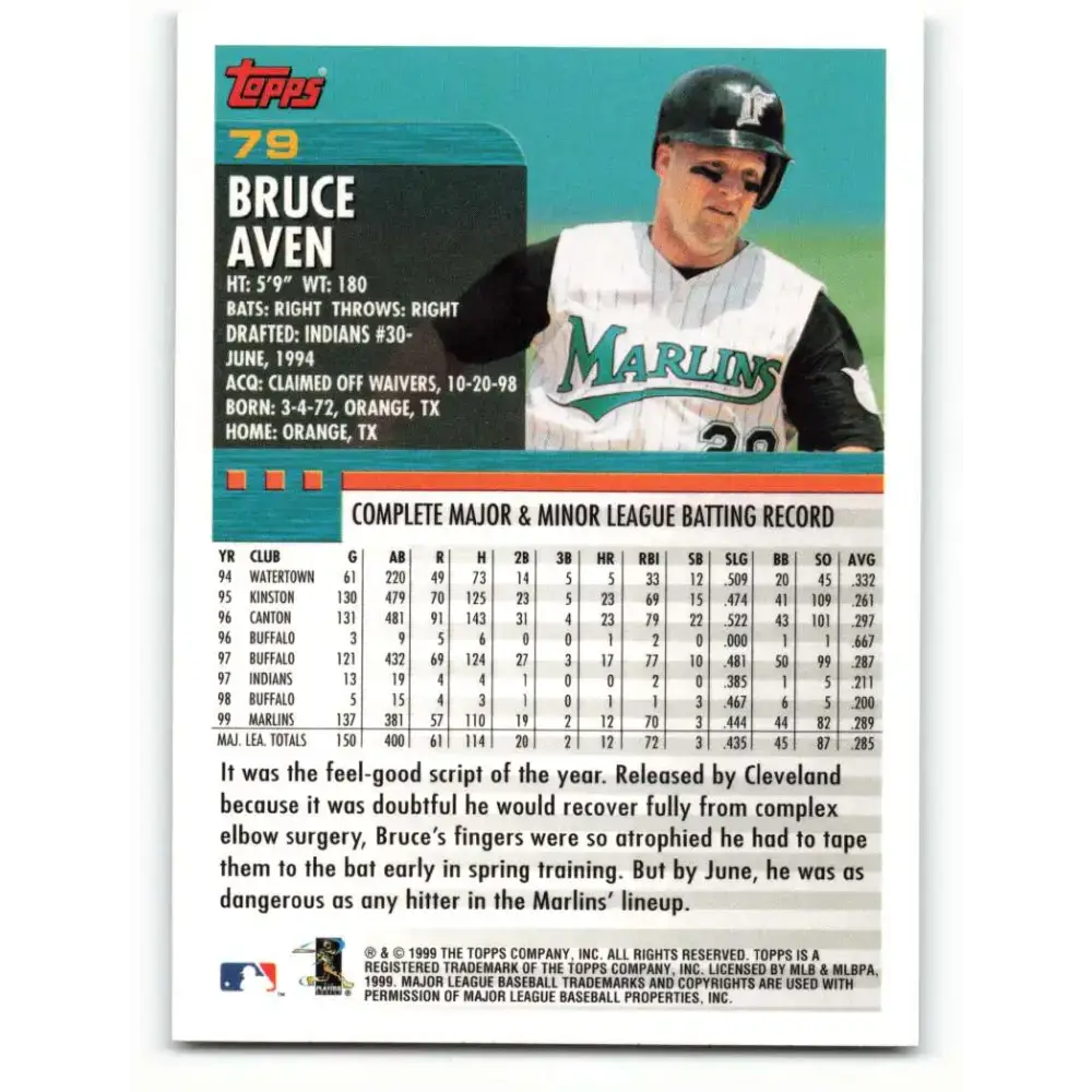 2000 Topps #79 Bruce Aven EX Excellent Florida Marlins Baseball Card - Baseball Card Single