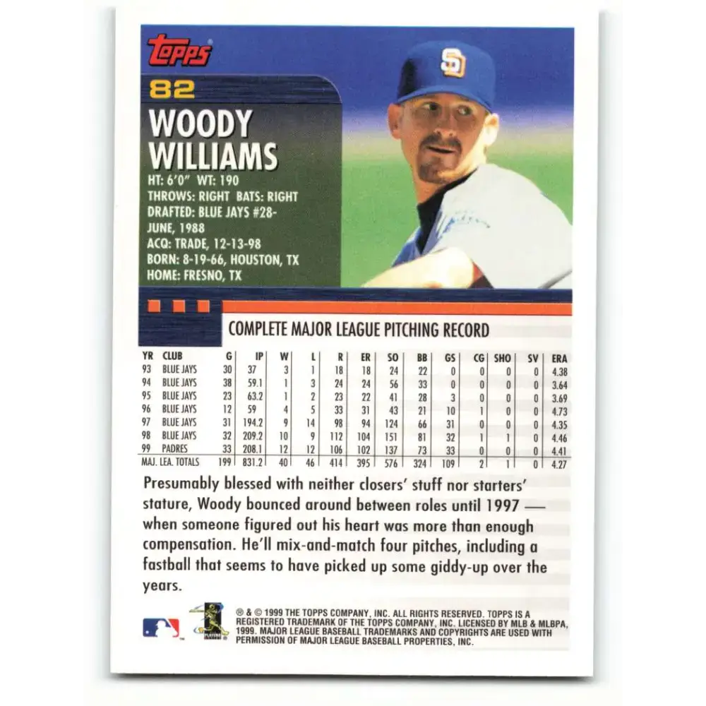 2000 Topps #82 Woody Williams EX Excellent San Diego Padres Baseball Card - Baseball Card Single