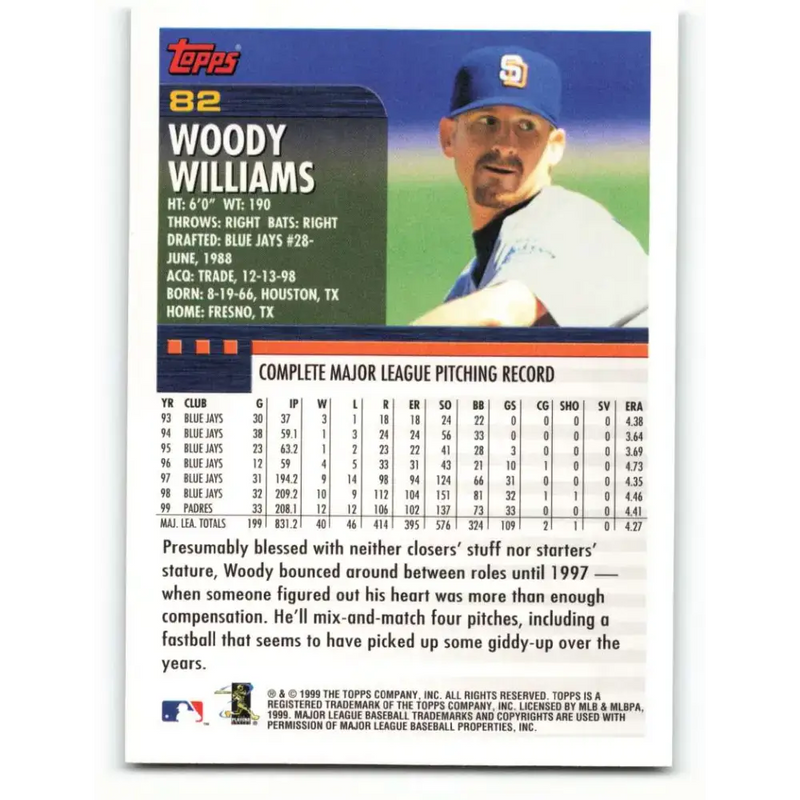 2000 Topps #82 Woody Williams EX Excellent San Diego Padres Baseball Card - Baseball Card Single
