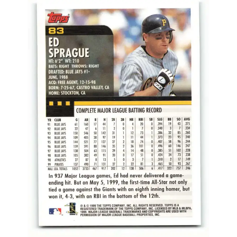 2000 Topps #83 Ed Sprague EX Excellent Pittsburgh Pirates Baseball Card - Baseball Card Single