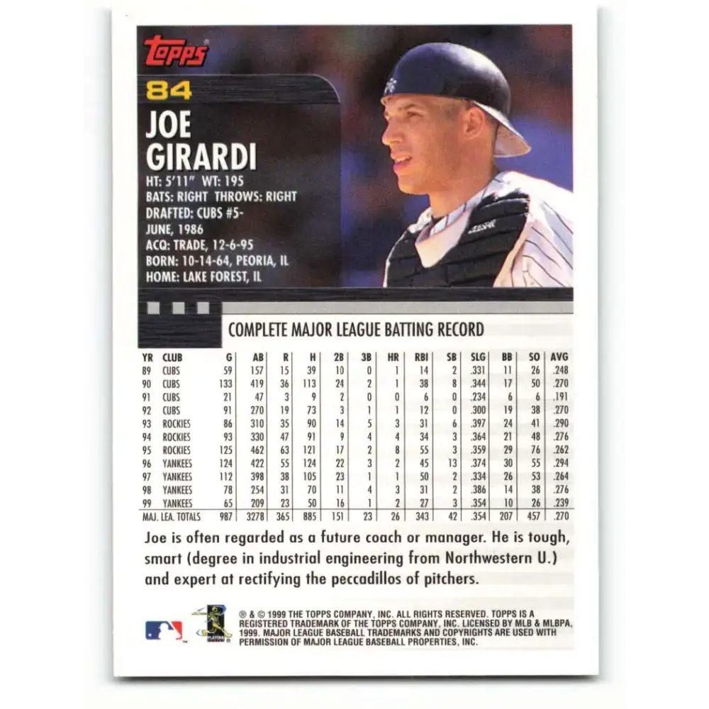 2000 Topps #84 Joe Girardi EX Excellent New York Yankees Baseball Card - Baseball Card Single