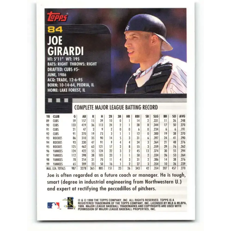 2000 Topps #84 Joe Girardi EX Excellent New York Yankees Baseball Card - Baseball Card Single