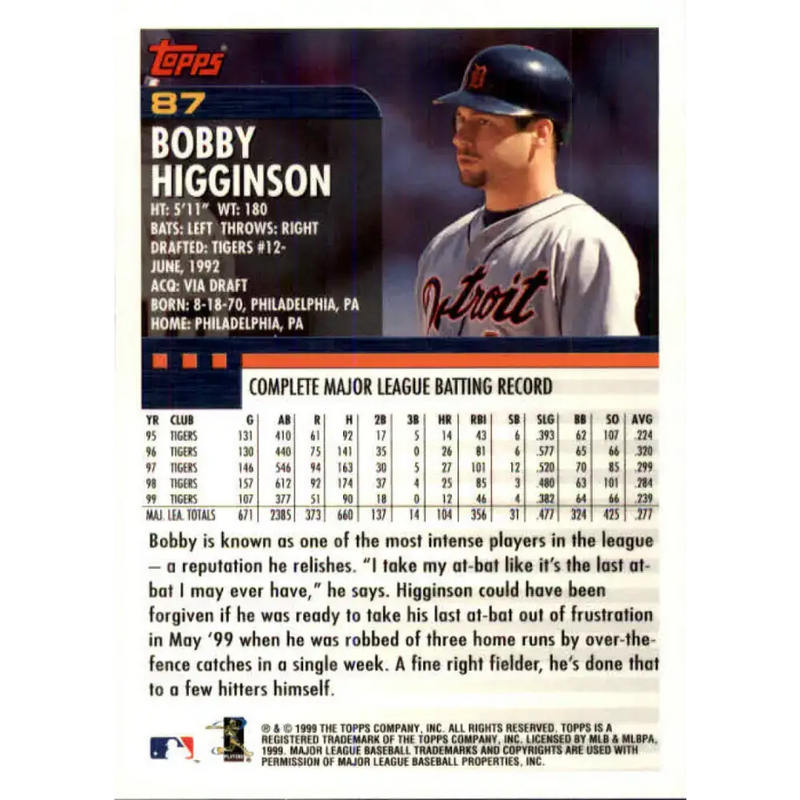 2000 Topps #87 Bobby Higginson EX Excellent Detroit Tigers Baseball Card - Baseball Card Single