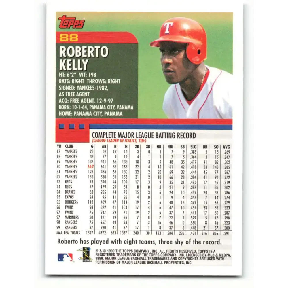 2000 Topps #88 Roberto Kelly EX Excellent Texas Rangers Baseball Card - Baseball Card Single