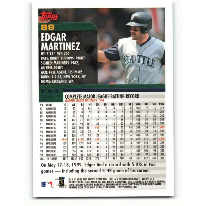 2000 Topps #89 Edgar Martinez EX Excellent Seattle Mariners Baseball Card - Baseball Card Single