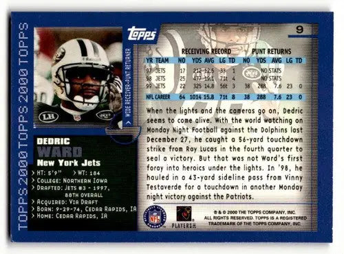 Dedric Ward football card from 2000 Topps Jets football cards collection