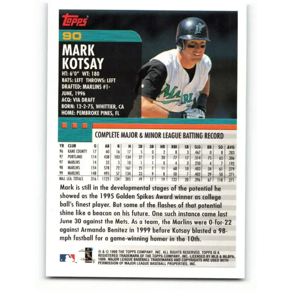2000 Topps #90 Mark Kotsay EX Excellent Florida Marlins Baseball Card