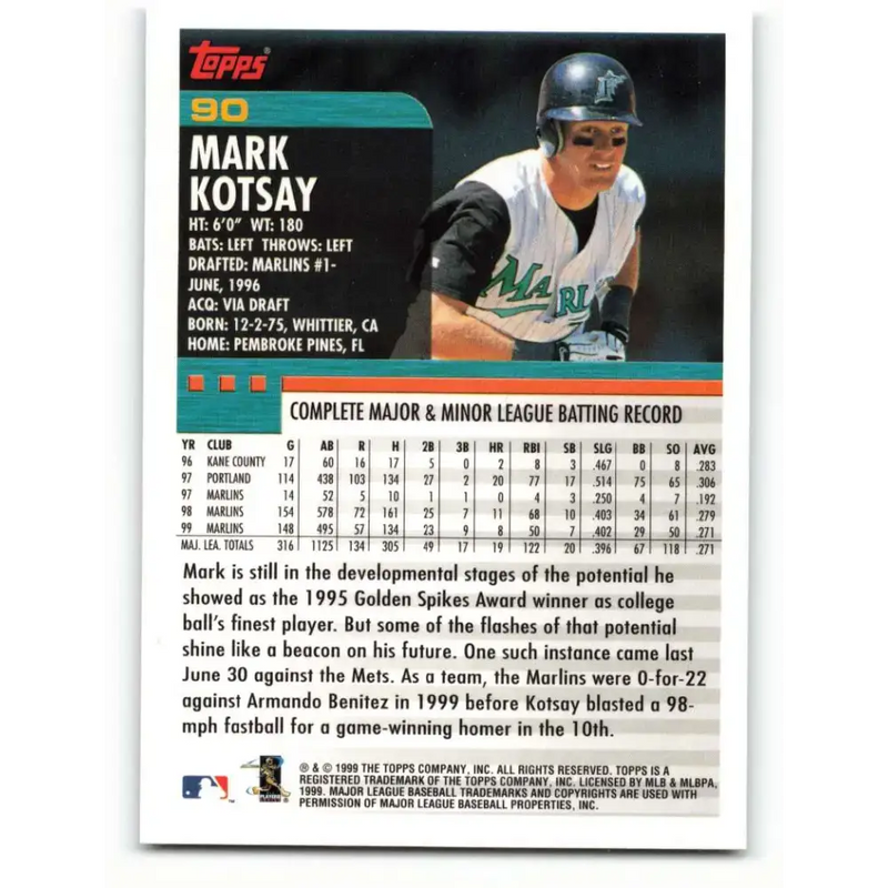 2000 Topps #90 Mark Kotsay EX Excellent Florida Marlins Baseball Card