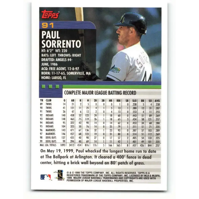 2000 Topps #91 Paul Sorrento EX Excellent Tampa Bay Devil Rays Baseball Card - Baseball Card Single