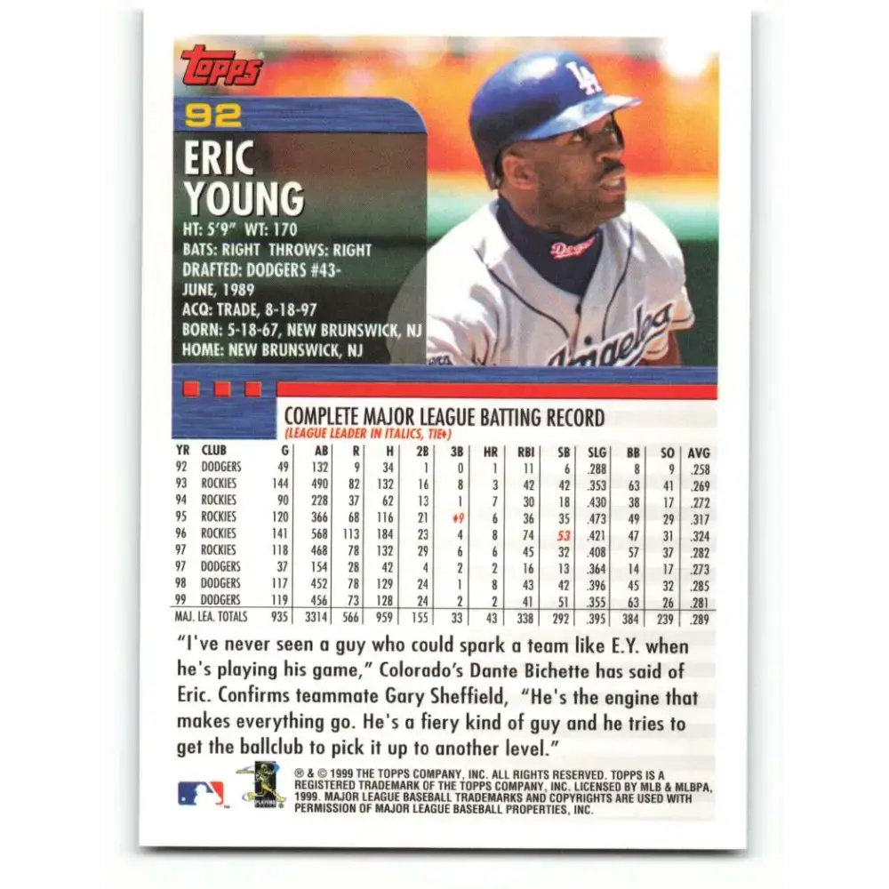 2000 Topps #92 Eric Young EX Excellent Los Angeles Dodgers Baseball Card - Baseball Card Single