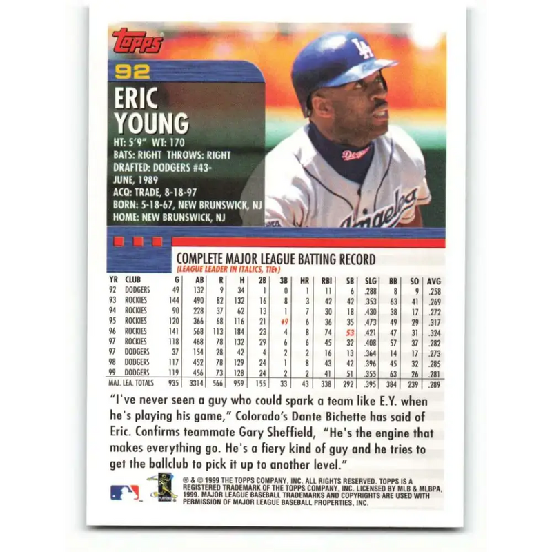 2000 Topps #92 Eric Young EX Excellent Los Angeles Dodgers Baseball Card - Baseball Card Single
