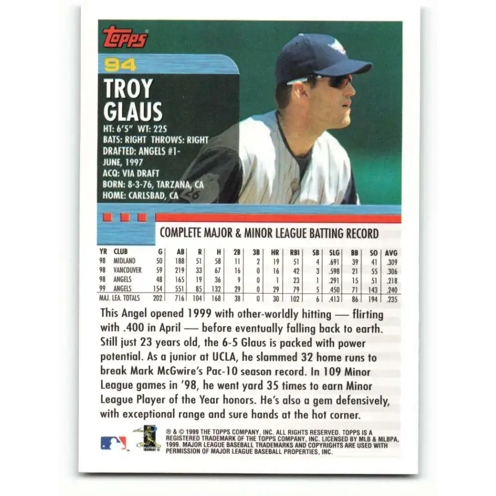 2000 Topps #94 Troy Glaus EX Excellent Anaheim Angels Baseball Card - Baseball Card Single