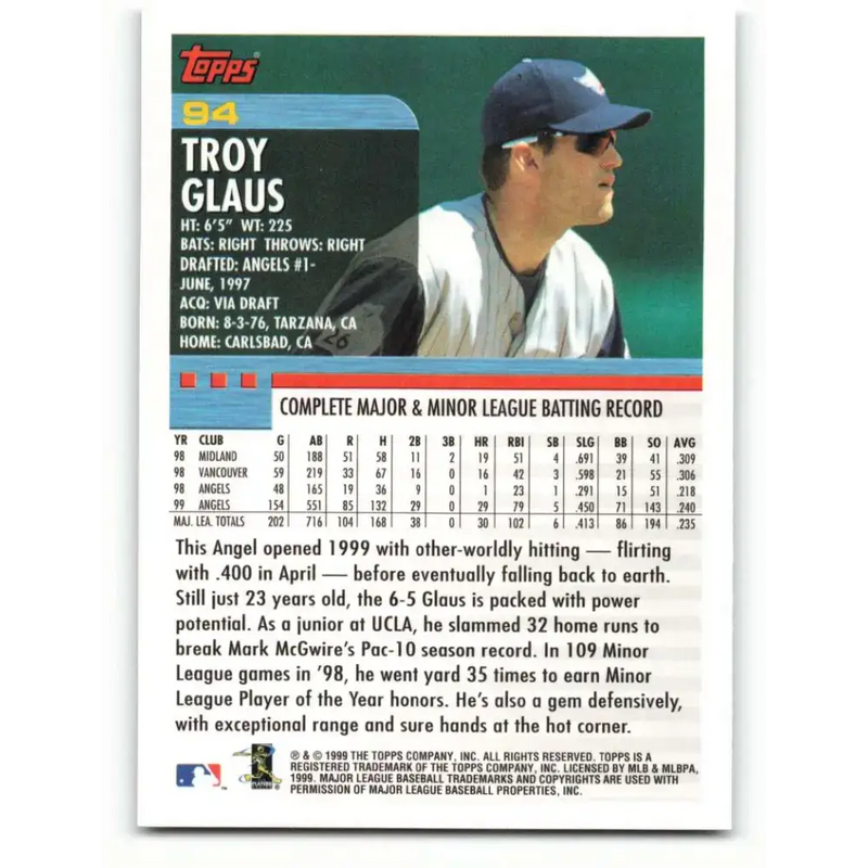 2000 Topps #94 Troy Glaus EX Excellent Anaheim Angels Baseball Card - Baseball Card Single