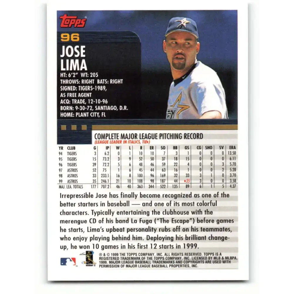 2000 Topps #96 Jose Lima EX Excellent Houston Astros Baseball Card - Baseball Card Single