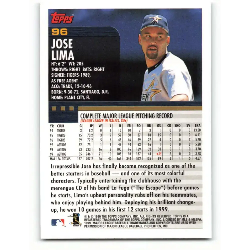 2000 Topps #96 Jose Lima EX Excellent Houston Astros Baseball Card - Baseball Card Single