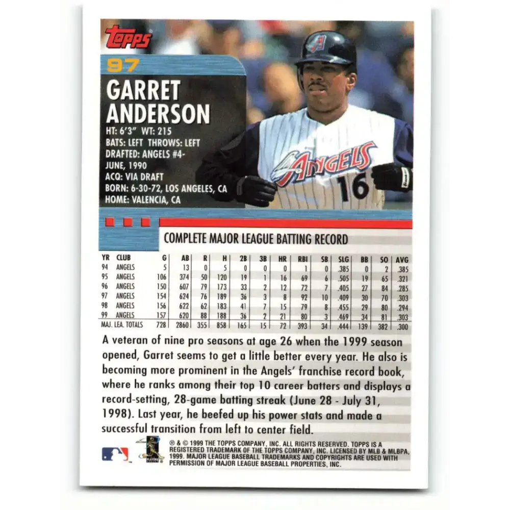 2000 Topps #97 Garret Anderson EX Excellent Anaheim Angels Baseball Card - Baseball Card Single