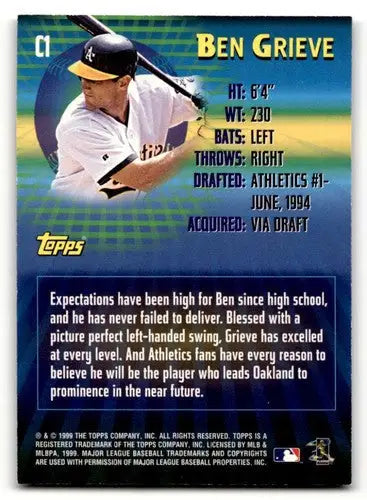 Original gloss Ben Grieve Oakland Athletics baseball card from 2000 Topps NM near mint