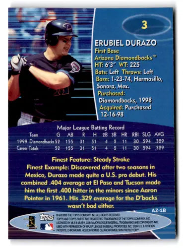 Original gloss Topps Finest Erubiel Durazo baseball card from 2000 Diamondbacks collection