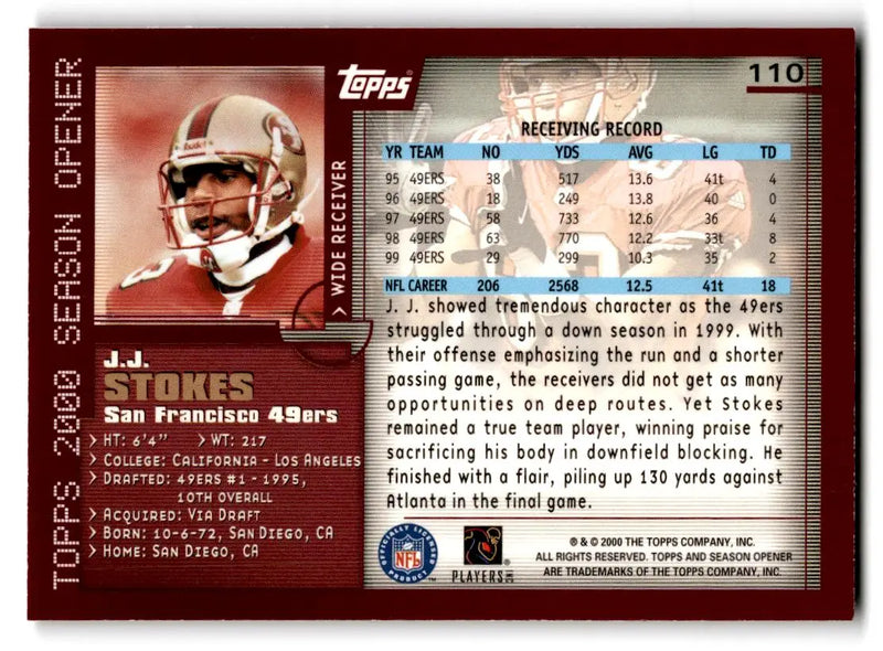 2000 Topps Season Opener #110 J.J. Stokes - Football Card Single