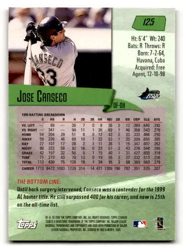 Jose Canseco baseball card from 2000 Topps Stadium Club with original gloss and EX/NM condition