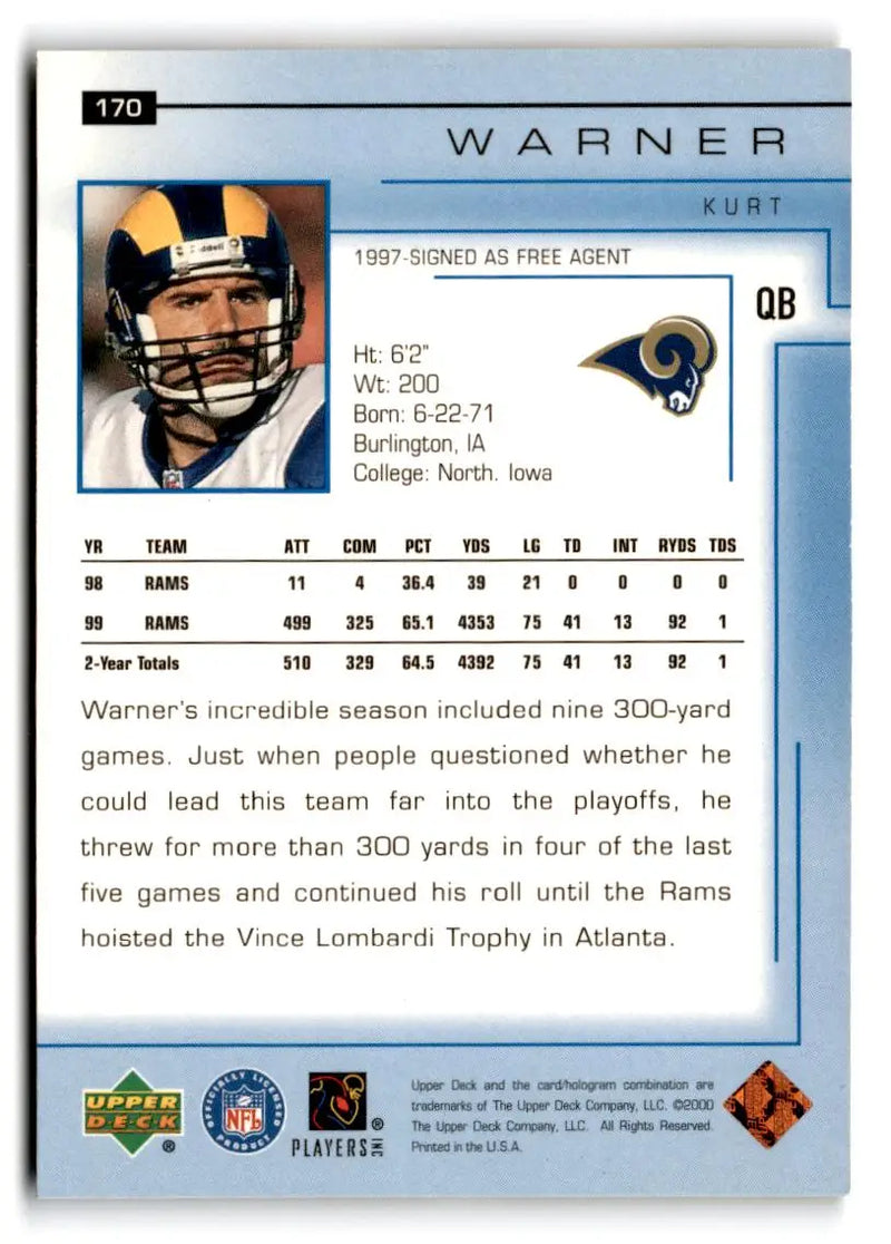 2000 Upper Deck #170 Kurt Warner - Football Card Single
