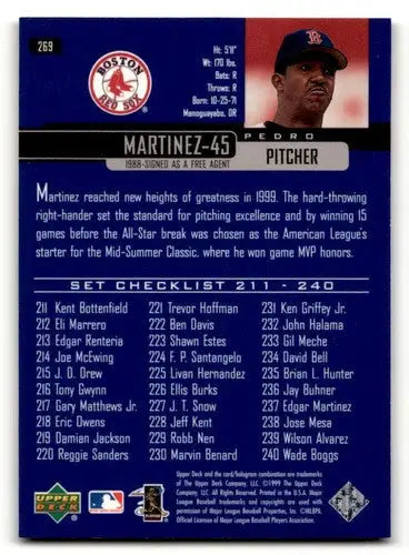 Baseball card back featuring Pedro Martinez Boston Red Sox player info
