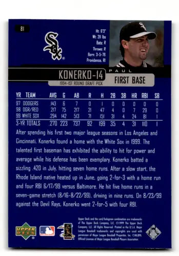 Baseball card back from 2000 Upper Deck Paul Konerko with original gloss White Sox
