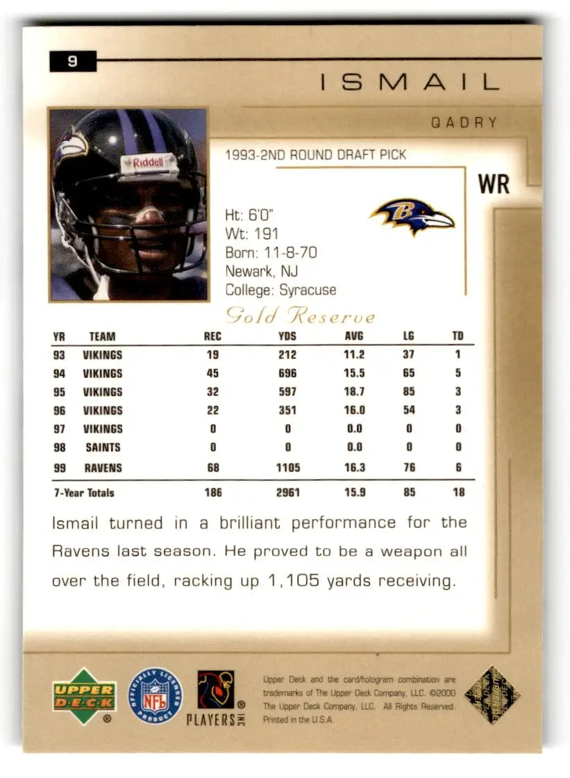 2000 Upper Deck Gold Reserve #9 Qadry Ismail - Football Card Single