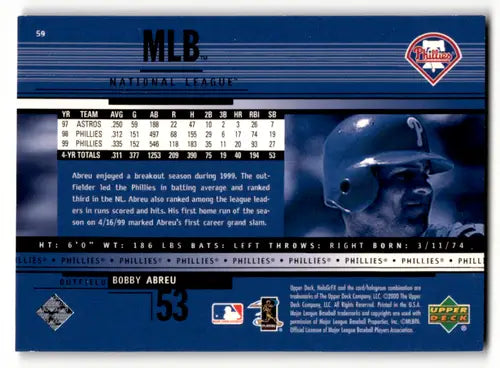Original gloss baseball card of Bobby Abreu from 2000 Upper Deck HoloGrFX Phillies
