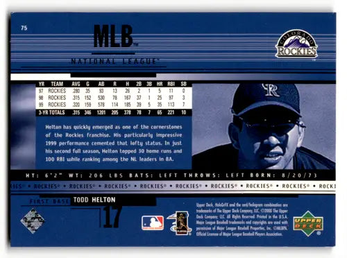 Baseball card featuring Todd Helton with batting stats from 2000 Upper Deck HoloGrFX