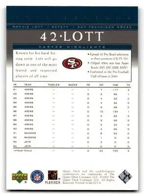 Ronnie Lott football card from 2000 Upper Deck Legends #73 featuring the NFL star
