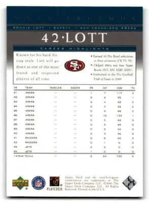 2000 Upper Deck Legends #73 Ronnie Lott - Football Card Single