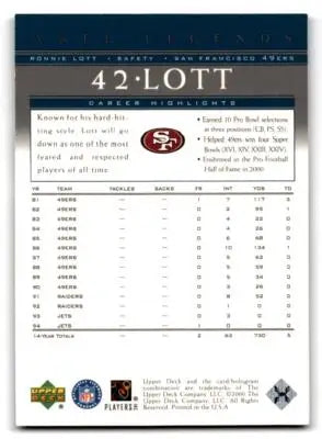 2000 Upper Deck Legends #73 Ronnie Lott - Football Card Single