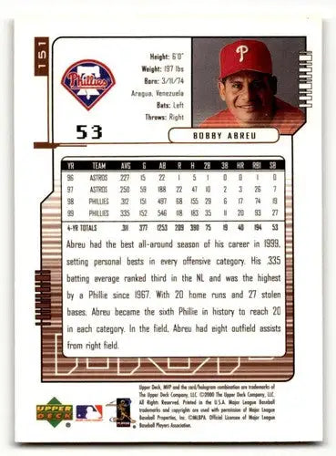 2000 Upper Deck MVP #151 Bobby Abreu Philadelphia Phillies Baseball ID:59115 - Baseball Card Single