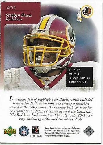 2000 Upper Deck Ovation Curtain Calls #CC12 Stephen Davis NM Near Mint Redskins - Football Card Single