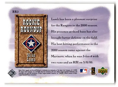 2000 Upper Deck Rookie Roundup Mike Lamb #RR3 Texas Rangers - Baseball Card Single