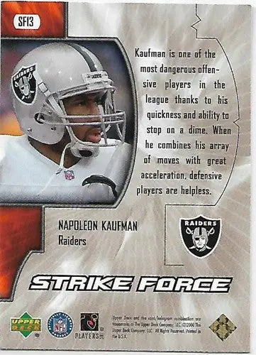 Napoleon Kaufman football card from 2000 Upper Deck Strike Force with original gloss and Near Mint condition