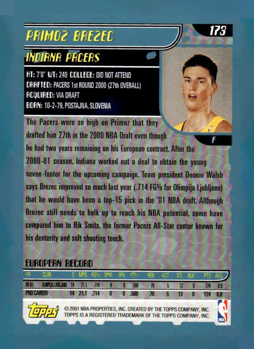 2001-02 Topps #173 Primoz Brezec - Basketball Card Single