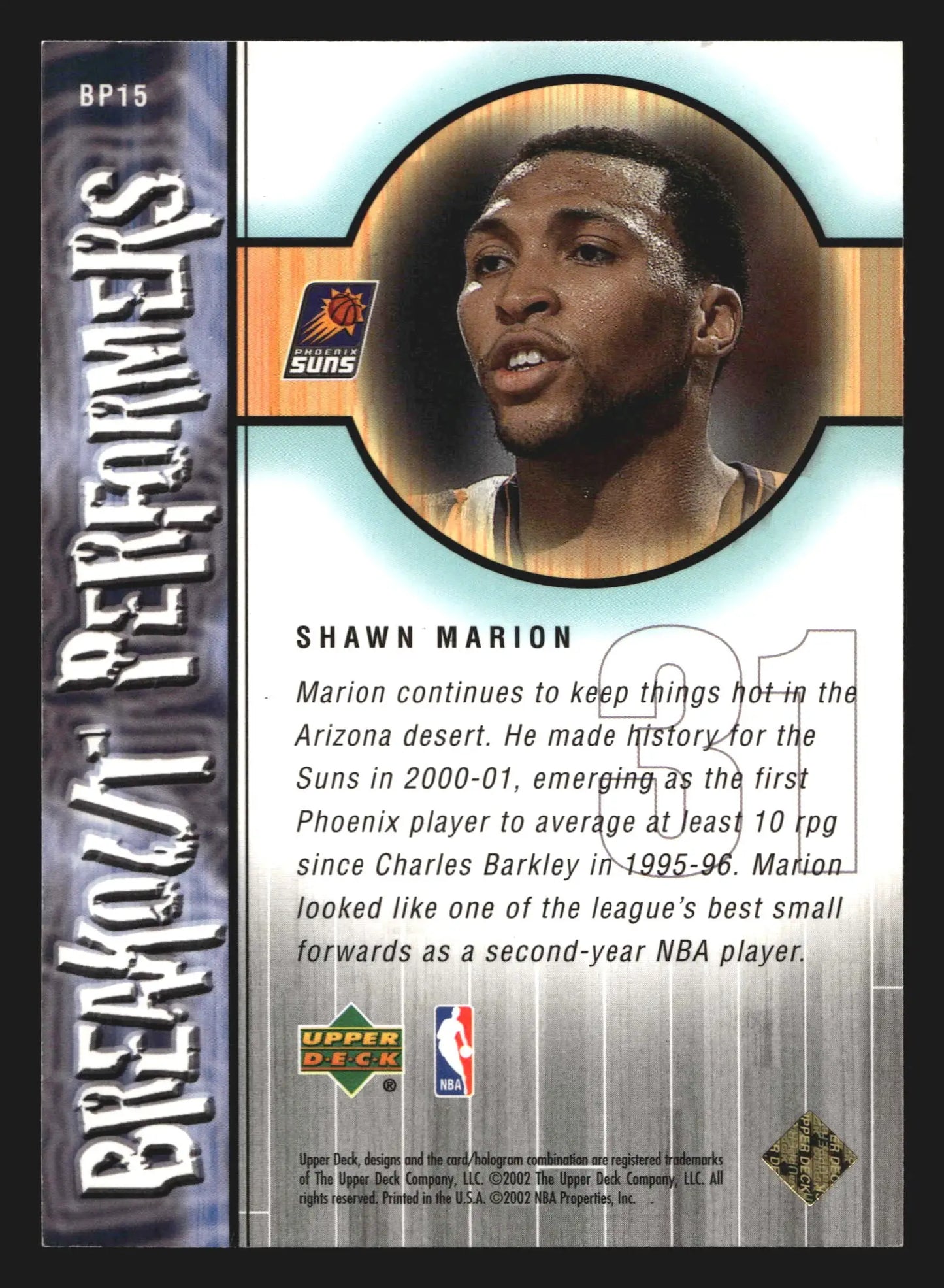 2001-02 Upper Deck Breakout Performers Shawn Marion #BP15 Suns - Basketball Card Single