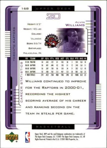 Original gloss basketball card of Alvin Williams from 2001-02 Upper Deck MVP Raptors