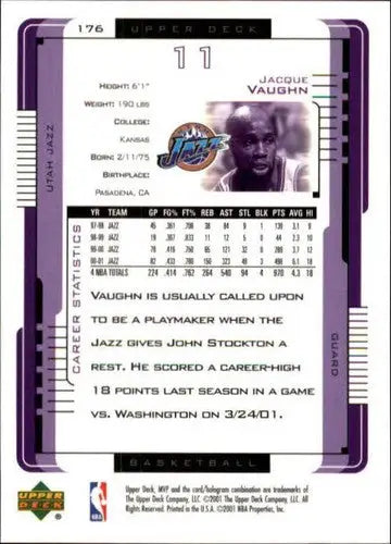 Jacque Vaughn basketball card from 2001-02 Upper Deck MVP Jazz ID 3986