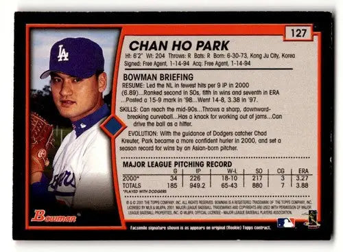 Original gloss Chan Ho Park baseball card featuring Park Los Angeles Dodgers 2001 Bowman