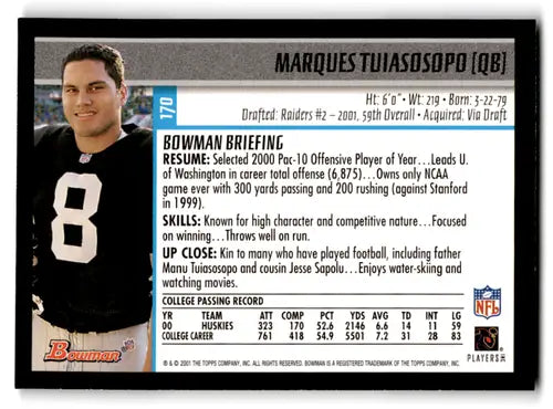 Original gloss football trading card featuring Marques Tuiasosopo rookie Raiders in NM-MT condition
