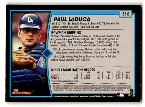 Original gloss Paul Lo Duca baseball card featuring Duca Los Angeles Dodgers 2001 Bowman