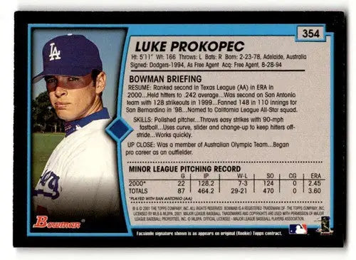 Original gloss Luke Prokopec Los Angeles Dodgers baseball card 2001 Bowman #354