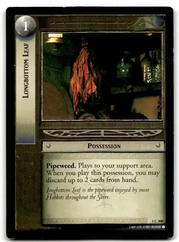 Trading card from 2001 Decipher LOTR Lord Of The Rings TCG featuring Longbottom Leaf with original gloss